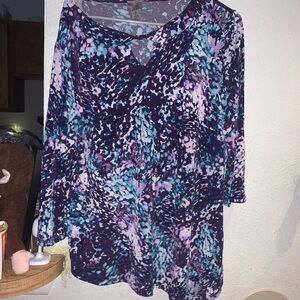 Chico's Purple and Teal Abstract 3/4 Sleeve Blouse